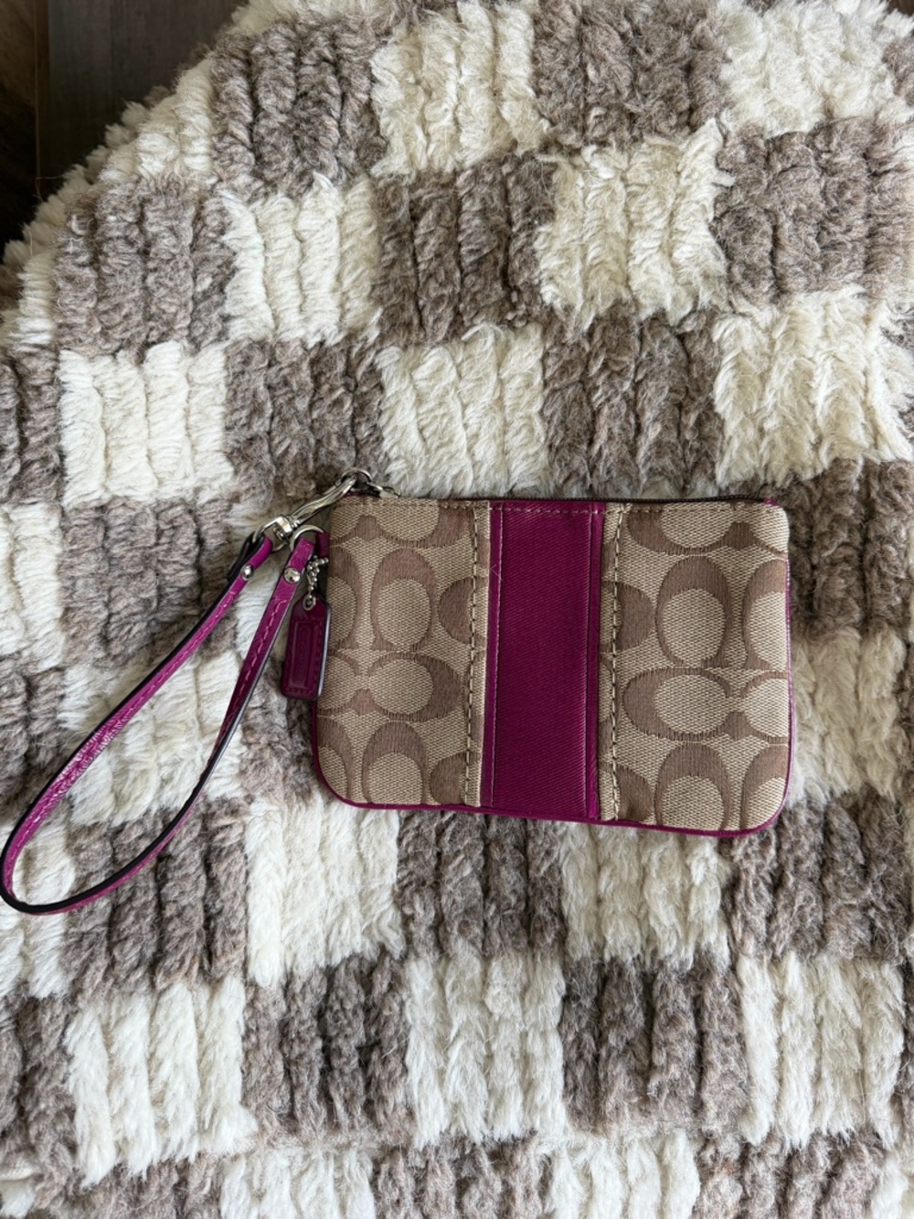 Coach Khaki Signature Canvas Wristlet with Plum Trim